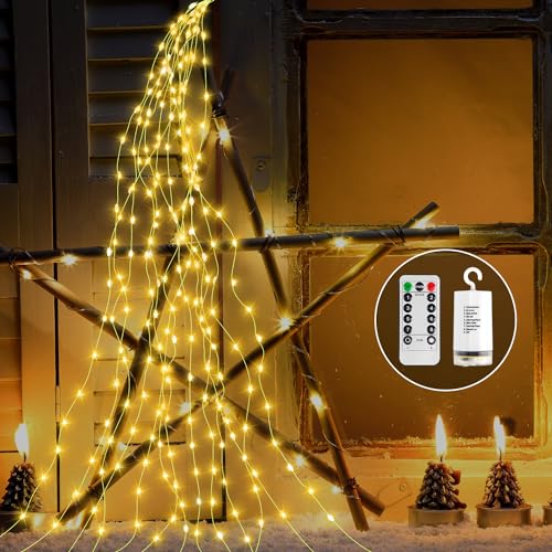 GEEKEO LED Lichterkette Batterie Lichterschweif 1M 100 LED Lichterbündel, 8 Lichtmodi Wasserdichte Wasserfall Lichterkette mit Timer Fernbedienung für Innen Außen Garten Gießkanne Weihnachtsdeko von GEEKEO