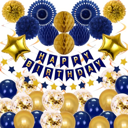 Geburtstagsdeko Frau Mann, Geburtstag Deko Gold Marineblaues Luftballons Frauen Baby Pompons Party Geburtstags Deko - Happy Birthday Girlande Luftschlangen Dekoration für 18-60.Geburtstag von GEEKEO