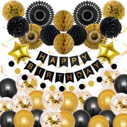 Geburtstagsdeko Schwarz Gold Party Deko, Geburtstag Deko Luftballons Männer Frauen Banner- Happy Birthday Girlande, Wimpelkette Luftschlangen Pompons Deko für 18-60.Geburtstag Party Dekoration von GEEKEO