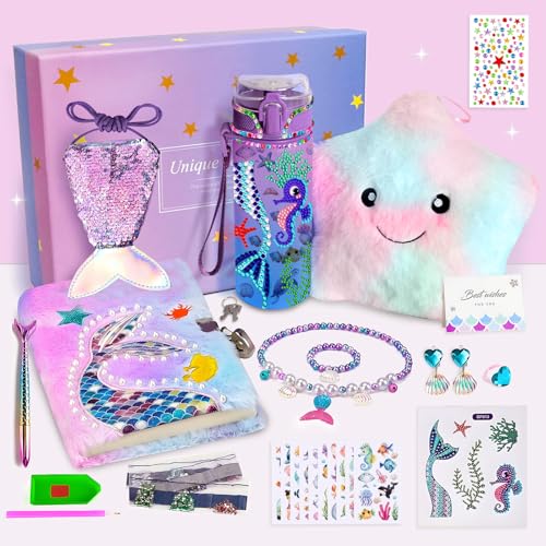 Geschenk Mädchen 5 6 7 8 9 10+ Jahre - Meerjungfrauen Geburtstagsdeko Kinder Ostern DIY Diamond Painting Trinkflasche Plüschkissen Geldbörse Meerjungfrau Schmuck Geburtstag Geschenke für Mädchen von GEEKEO