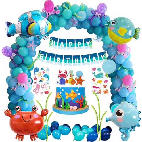 Geburtstagsdeko Meer Jungen Mädchen, Deko Unterwasserwelt Kindergeburtstag Luftballon Girlande Blau mit Ballons Meerestiere Delfin Birthday Banner Ozean Geburtstag Party Deko für Kinder von GEEKEO