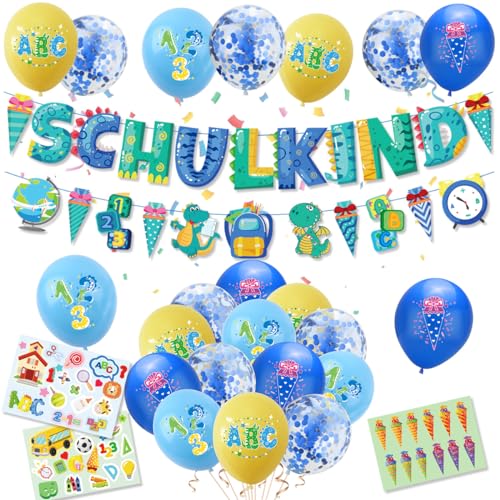 Deko Einschulung Jungen, Schulkind 2024 Jungen Deko+Dinosaurier Schulkind Banner+Zuckertüten Sticker+Zuckertüte Luftballons mit ABC 123 Schulanfang Schuleinführung Einschulung Deko Jungen von GEEKEO