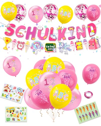 Deko Einschulung Mädchen, Schulkind Deko 2024 Mädchen + Einhorn Schulkind Banner + Zuckertüten Sticker + Zuckertüte Luftballons mit ABC 123 Schulanfang Schuleinführung Deko Einschulung Mädchen von GEEKEO