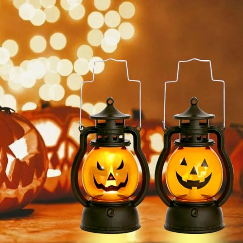 2 Stück Halloween Laterne, Vintage Halloween Kürbis Deko, Tragbare Kürbis Laterne mit Verschiedenen Ausdrücken, Halloween Tischdeko, Halloween Deko Innen Outdoor von GEERDAN