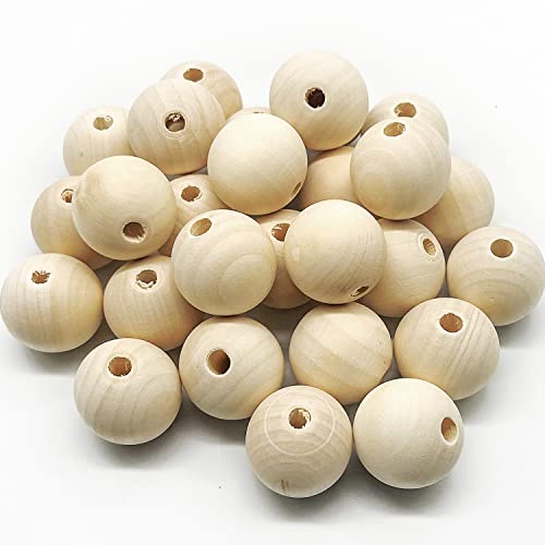 35 Stück x 30mm Runde Holzperlen Set,Holzperlen zum Auffädeln,Unbehandelte Holzkugeln mit Loch, Runde Holzperlen Natur, Perlen Holz für DIY Schmuck Herstellung Arts Crafts Halskette Armreif von GEERDAN