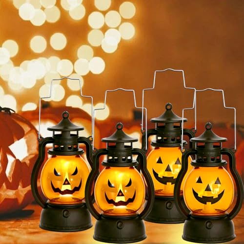 4 Stück Halloween Laterne, Vintage Halloween Kürbis Deko, Tragbare Kürbis Laterne mit Verschiedenen Ausdrücken, Halloween Tischdeko, Halloween Deko Innen Outdoor von GEERDAN