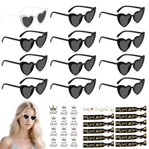 36 Stück JGA Brille Team Braut Armbänder,Bride Herzbrille,12 Herz Sonnenbrille Bride+12 Bride Tattoo Aufkleber+12 Bride Armband,JGA Partybrillen und JGA Deko Accessoires für Junggesellinnenabschied von GEGNNS