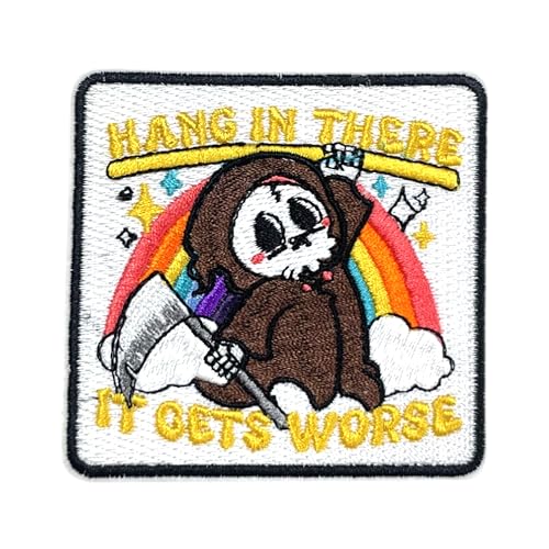 Lustiger Aufnäher mit Aufschrift "Hang in There It Gets Worse", 7,6 cm, Totenskelett, geistige Gesundheit, sarkastischer dunkler Humor, zum Aufbügeln oder Aufnähen, Stickerei-Applikation für Trucker, von GELATUDU