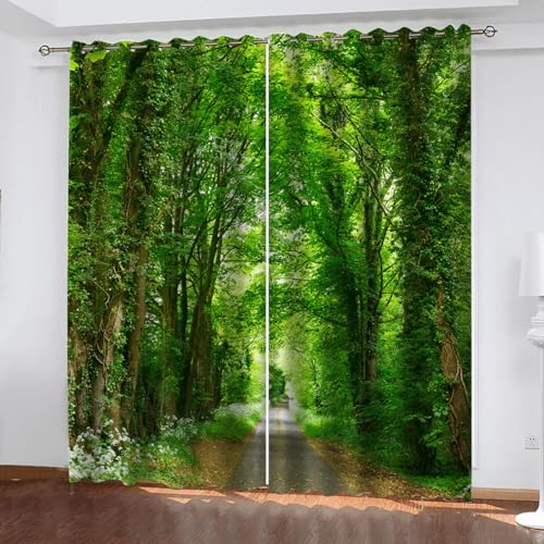 Blickdichte Gardinen Verdunkelungsvorhang Ösenvorhang 3D Gedruckt Curtain Grüner Wald 245cm lang 140cm Breite Polyester Geräuschreduzierung Vorhang Für Zimmer Büro Schlafzimmer von GELOUT