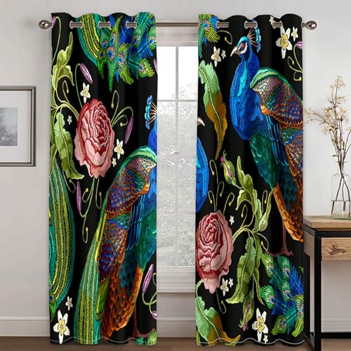 GELOUT Blickdichte Gardinen Verdunkelungsvorhang Ösenvorhang 3D Gedruckt Curtain Vintage Pfau 230cm lang 234cm Breite Polyester Geräuschreduzierung Vorhang Für Zimmer Büro Schlafzimmer von GELOUT