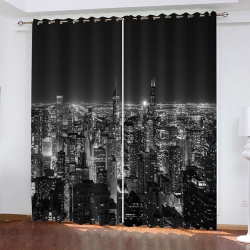 GELOUT Gardine Vorhang Vorhange Blickdicht Mit Ösen Der Blick Auf Die Stadt 160cm lang 150cm Breite Verdunkelung 3D Curtain Effekt Motiv Druck Wohnzimmer Schlafzimmer von GELOUT