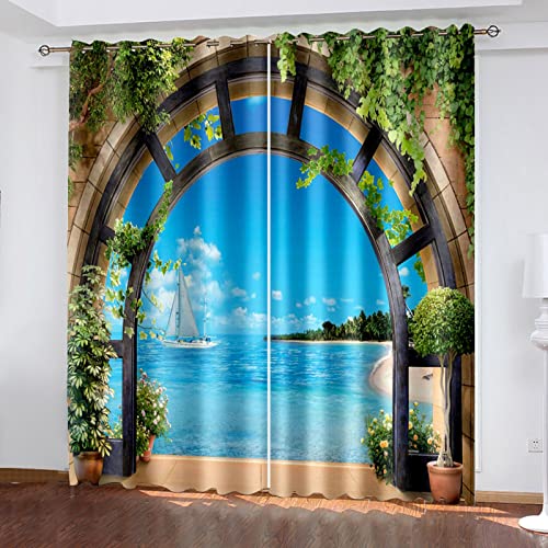 GELOUT Gardinen Curtain Natürliche Landschaft Coconut Seagull Beach 260cm lang 140cm Breite 2Er Set Vorhang Blickdicht Schal 3D Gardine Blickdichte Mit Ösen Printing Shading Vorhänge von GELOUT