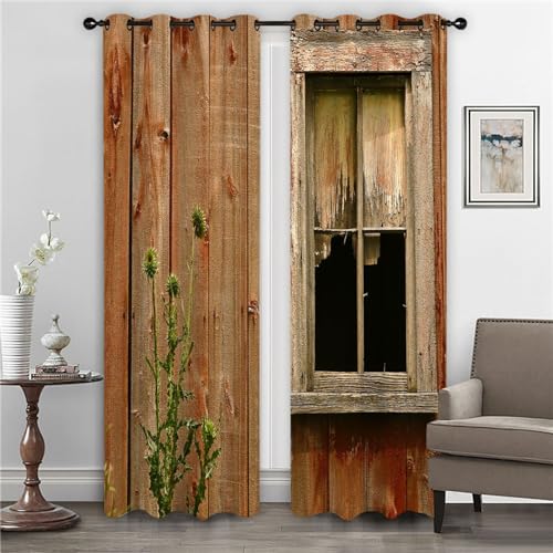 GELOUT Vorhang Blickdicht 3D 2Er Set Curtain Scheunentür Aus Holz 183cm lang 116cm Breite Gardine Lichtundurchlässig Fenstervorhang Wohnzimmer Schlafzimmer von GELOUT