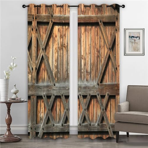 GELOUT Vorhang Blickdicht 3D 2Er Set Curtain Scheunentür Aus Holz 230cm lang 234cm Breite Gardine Lichtundurchlässig Fenstervorhang Wohnzimmer Schlafzimmer von GELOUT