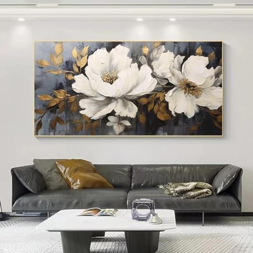 GEMMII 1 Stück abstraktes Ölgemälde mit zwei weißen Blumen auf Leinwand, Wandkunst, goldenes Blatt, Blumenposter, Wohnzimmer-Wandbild, XXL, 50 x 100 cm, rahmenlos von GEMMII