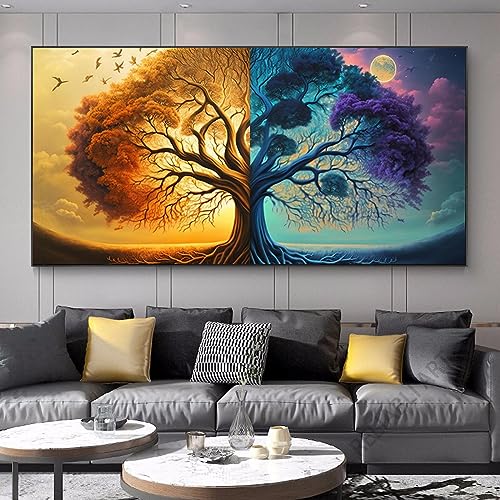 GEMMII Abstrakter, fantastischer Lebensbaum Gerahmte Wandkunst Bilder Leinwand Gemälde, moderne bunte Baumlandschaft, Wandkunst für Wohnzimmer, Heimdekoration, 70 x 135 cm, Rahmen von GEMMII