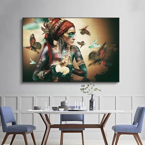 GEMMII Afrikanische Frau mit Schmetterling Leinwand Bilder XXL, Gemälde, Wandkunst, Poster und Drucke, buntes schwarzes Mädchen, Kunstbild, Heimdekoration, 80 x 120 cm, rahmenlos von GEMMII