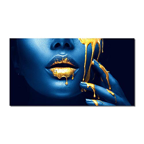 GEMMII Blue and Gold Sexy Lips Oil Painting on Canvas Wall Art Beauty Makeup Art Posters and Prints Picture 50x75cm Frameless von GEMMII