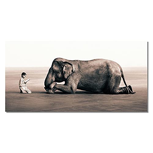 GEMMII Boy Reading to Elephant Leinwand Druck Wandbild, Painting Ashes and Snow Posters and Prints Wall Art Animals Pictures for Home Decor 30x60cm Rahmenlos von GEMMII