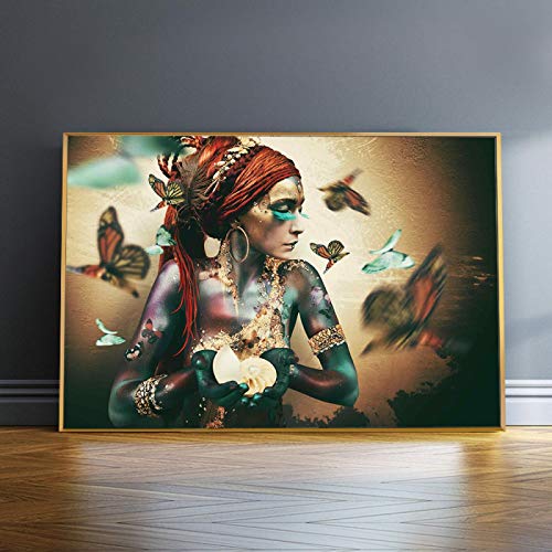 Leinwandbild Wandbild XXL- African Woman with Butterfly Leinwand Wandkunst Poster und Drucke Colorful Black Girl Art Picture Home Decor 70x110cm Rahmenlos von GEMMII