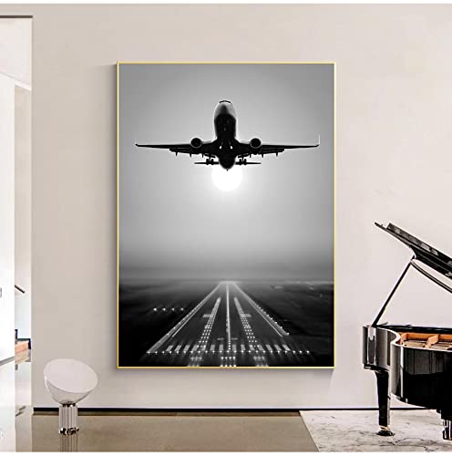 GEMMII Schwarz Weiß Flugzeug Take Off Gemälde Wandkunst, Leinwand Druck Wandbild, HD Drucke Kreatives Hotel Poster Leinwandbilder Wohnkultur 80x120cm Rahmenlos von GEMMII