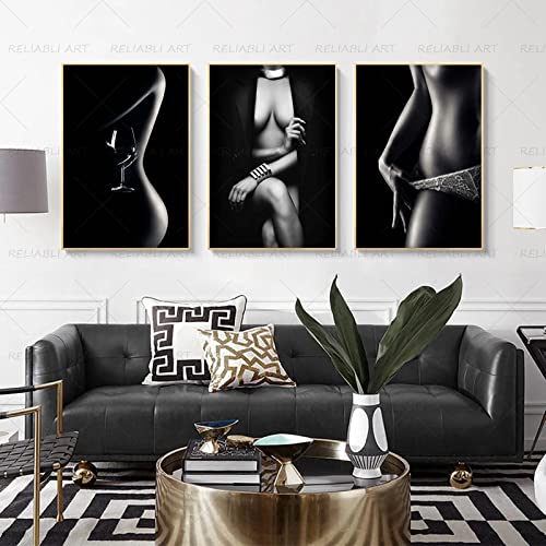 GEMMII Schwarz-weißer sexy nackter Frauenkörper-Poster Große Leinwand Bild Bilderdruck auf Leinwand, Wandkunst, Schlafzimmer, Heimdekoration, HD-Drucke, 80 x 120 cm x 3, rahmenlos von GEMMII