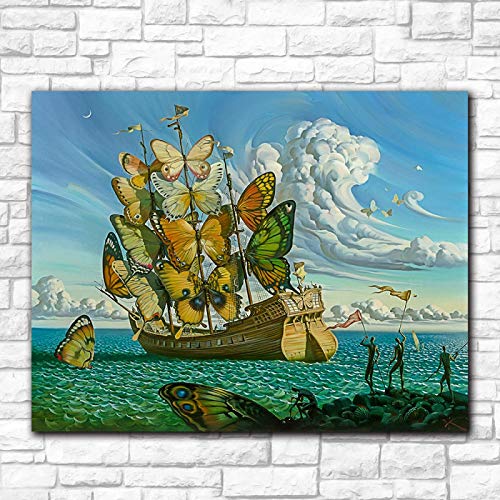 GEMMII Wandbild Druck auf Leinwand XXL Salvador Dali Gemälde Schmetterling Schiff Wandbilder Mode Wandkunst Für Wohnzimmer Wohnkultur Gemälde 50x75cm Rahmenlos von GEMMII