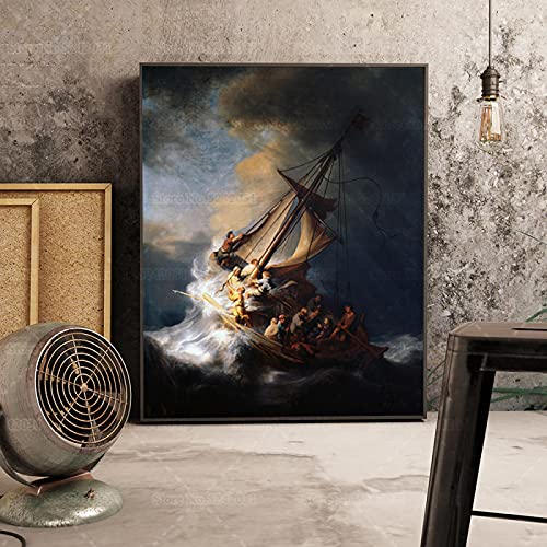 The Storm on The Sea of Galilee Bild auf Leinwand XXL Dutch Golden Age Berühmte Kunst von Rembrandt Van Rijn Wanddekoration für Zuhause, 80 x 120 cm, rahmenlos von GEMMII