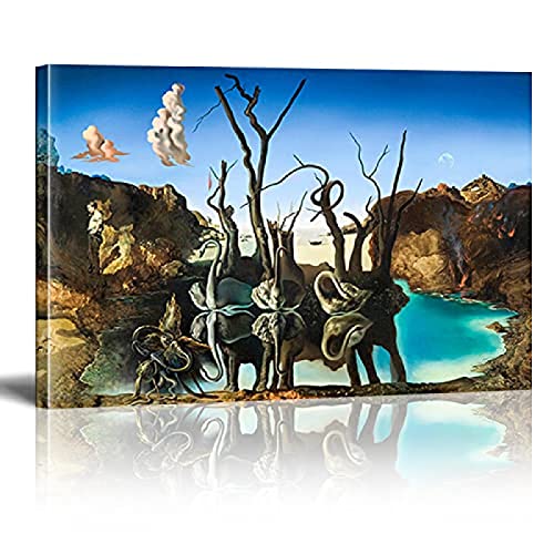 leinwandbild XXL Rahmen Abstract Salvador Dali Swans Reflecting Elephants Painting Posters Prints Wall Art Pictures Wall Decor 29.7x42cm Framed von GEMMII