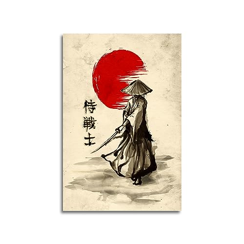 GENGSHENG Japanische Samurai-Poster, Wandkunst, Samurai-Charakter, roter Mond, Leinwand, Gemälde, Heimdekoration für Wohnzimmer, Schlafzimmer, ungerahmt, 40,6 x 61 cm von GENGSHENG