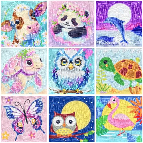 GEHNN 9er Diamond Painting Kinder, Kinder Diamant Malerei Tiere Set, Bastelset Mädchen Jungen 6-12 Jahre Geschenk Diamant Malerei Kinder DIY Diamond Painting Bilder Kinder Animals Set von GENHH