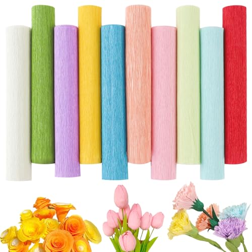 GENHH 10 Rollen Krepppapier Bunt, 25x250cm Bunt Bänder Crepe Paper, 10 Farben Krepppapier Pastell Bunte mit Blumendraht&Floristenband für Herstellung von Valentinstag-Blumen DIY Blumenpapier-Handwerk von GENHH