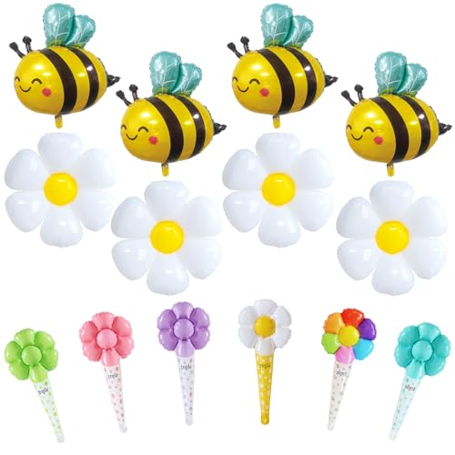 GENHH 14 Stück Bienen Deko Gänseblümchen Deko Luftballon, Gänseblümchen Ballons Geburtstag Deko, Mädchen Folienballon Blume mit Bienen Luftballons Baby Shower Hochzeit Babyparty Dekoration von GENHH