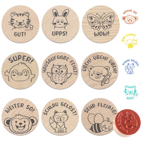 GENHH 9 Stück Holz Lehrer Stempel, Motivstempel Stempel Set, Stempel für Lehrer Belohnung Kinder Rund Holzstempel Stempel Deko Lehrerstempel Grundschule Stempel Lob Stempel Geschenk für Lehrertag von GENHH