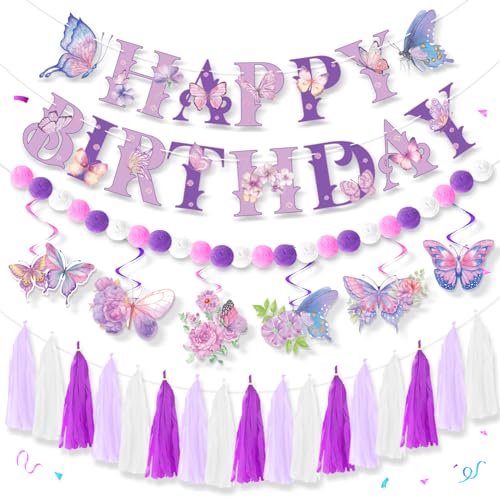 GERMISHUYS Schmetterling Geburtstag Party Dekorationen, Happy Birthday Banner Schmetterlinge Hängende Wirbel Schmetterling Ballon Punkte Girlande Seidenpapier, Happy Butterfly Geburtstag Dekorationen von GERMISHUYS