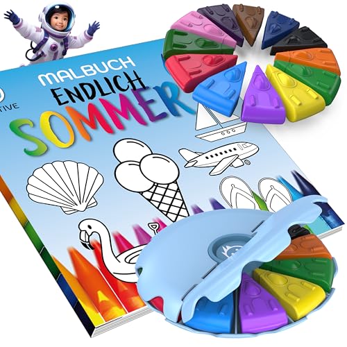 GERNEKIND® Malset bestehend aus dem ENDLICH SOMMER Malbuch mit 50 lustigen Sommermotiven und 12 Wachsmalstiften im SPACESHIP Design in einer robusten, magnetischen Aufbewahrungsbox von GERNEKIND