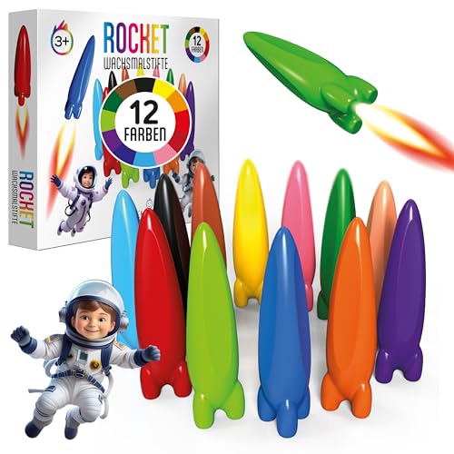 GERNEKIND® Wachsmalstifte ROCKET, 12 leuchtende Farben, ungiftig, stabil, wegrollsicher. von GERNEKIND