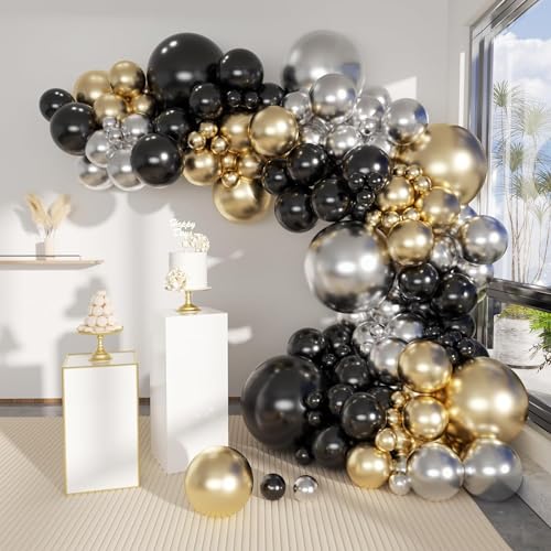 GERYMU Luftballon Girlande Schwarz Gold Silber, Ballons Girlande Schwarz, Luftballons Schwarze Gold für Geburtstagsdeko Mann Frauen, Hochzeit, Graduation, Neujahr Party Deko von GERYMU