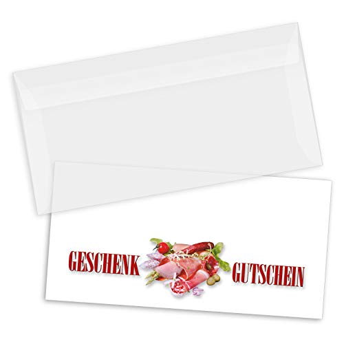 GESCHENKGUTSCHEINcom 50 Stk. Geschenkgutscheine mit Kuvert DIN-Lang. Gutschein-Vordruck für Metzgergutschein Fleischerei. M9212 von GESCHENKGUTSCHEINcom by POS-HAUER