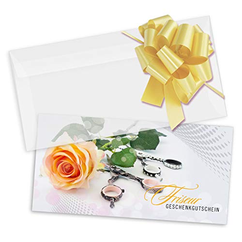 GESCHENKGUTSCHEINcom 10 Stk. Gutscheine mit Umschlag und Schleife. Geschenkgutschein für Friseurgeschäfte Friseursalons, Vordruck für Firmen. K9278 von GESCHENKGUTSCHEINcom by POS-HAUER