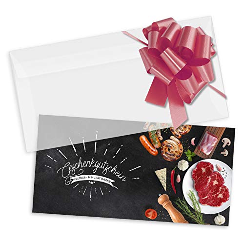 GESCHENKGUTSCHEINcom 100 Stk. Geschenkgutscheine mit Kuvert und Schleife. Gutschein für Metzgerei Fleischerei Fleisch- und Wurstwaren. M9238 von GESCHENKGUTSCHEINcom by POS-HAUER