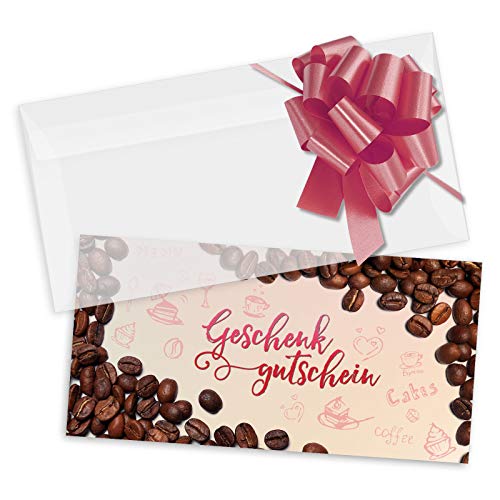 GESCHENKGUTSCHEINcom 100 Stk. Gutscheine mit Brief-Umschlag und Schleife für Kaffeehaus Cafébar Caféhaus. Kaffee-Gutscheine. G92018 von GESCHENKGUTSCHEINcom by POS-HAUER