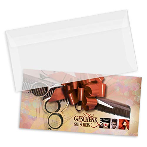 GESCHENKGUTSCHEINcom 100 Stk. Gutscheine mit Umschlag DIN-Lang. Blanko Geschenk-Gutschein für Friseursalons Friseur. Zum Selbst-Ausfüllen. K9283 von GESCHENKGUTSCHEINcom by POS-HAUER