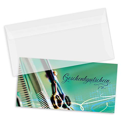 GESCHENKGUTSCHEINcom by POS-HAUER. Gutschein-Set. 100x Gutschein + Kuvert. Für Friseursalons Friseure, blanko zum selber Ausfüllen. von GESCHENKGUTSCHEINcom by POS-HAUER