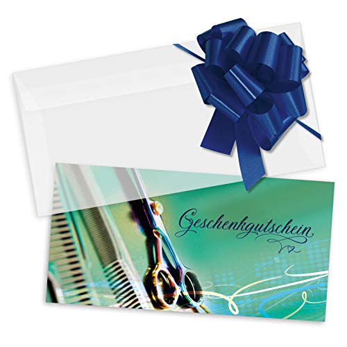 GESCHENKGUTSCHEINcom 25 Stk. Gutscheine mit Kuvert und Schleife. Geschenkutschein für Haarstudios, Coiffeur. Gutschein-Vordruck für Friseure. K9286 von GESCHENKGUTSCHEINcom by POS-HAUER