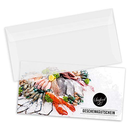 GESCHENKGUTSCHEINcom 25 Stk. Gutscheine mit Umschlag DIN-Lang. Geschenk-Gutscheine für Fisch Fischwaren Meeresfrüchte. FK9201 von GESCHENKGUTSCHEINcom by POS-HAUER