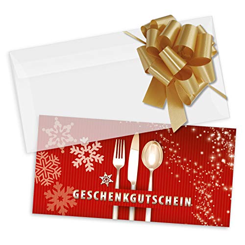 GESCHENKGUTSCHEINcom 50 Stk. Gutscheine mit Umschlag und Schleife. Geschenkgutscheine für Restaurant Gastronomie. Weihnachtsgutschein. X9221 von GESCHENKGUTSCHEINcom by POS-HAUER