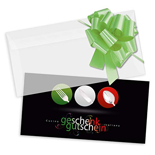 GESCHENKGUTSCHEINcom by POS-HAUER. Gutschein-Set. 50x Gutschein + Kuvert + Schleife. Für Italienisches Restaurant Pizzeria, blanko zum selber Ausfüllen. von GESCHENKGUTSCHEINcom by POS-HAUER