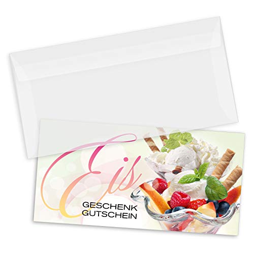 GESCHENKGUTSCHEINcom by POS-HAUER. Gutschein-Set. 100x Gutschein + Kuvert. Für Eissalons Eiscafés, blanko zum selber Ausfüllen. von GESCHENKGUTSCHEINcom by POS-HAUER