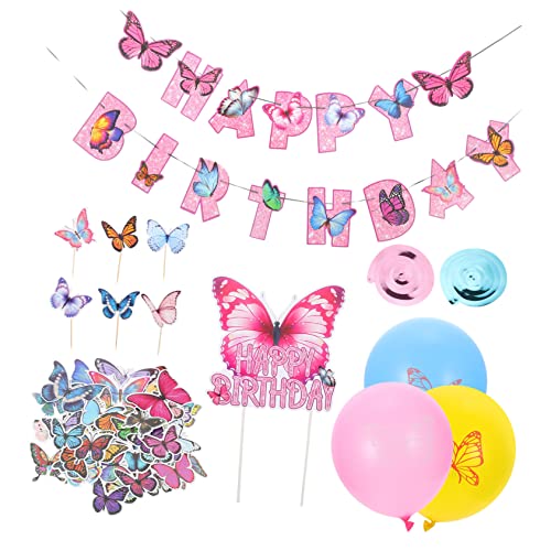 GETAJGHSD 1 Satz Schmetterling Party Dekorationen Dekorative Geburtstagskucheneinsätze Banner Für Geburtstagsfeiern Farbige Aufkleber Schmetterling Wandaufkleber Ballons Geburtstag Holz Rosa von GETAJGHSD